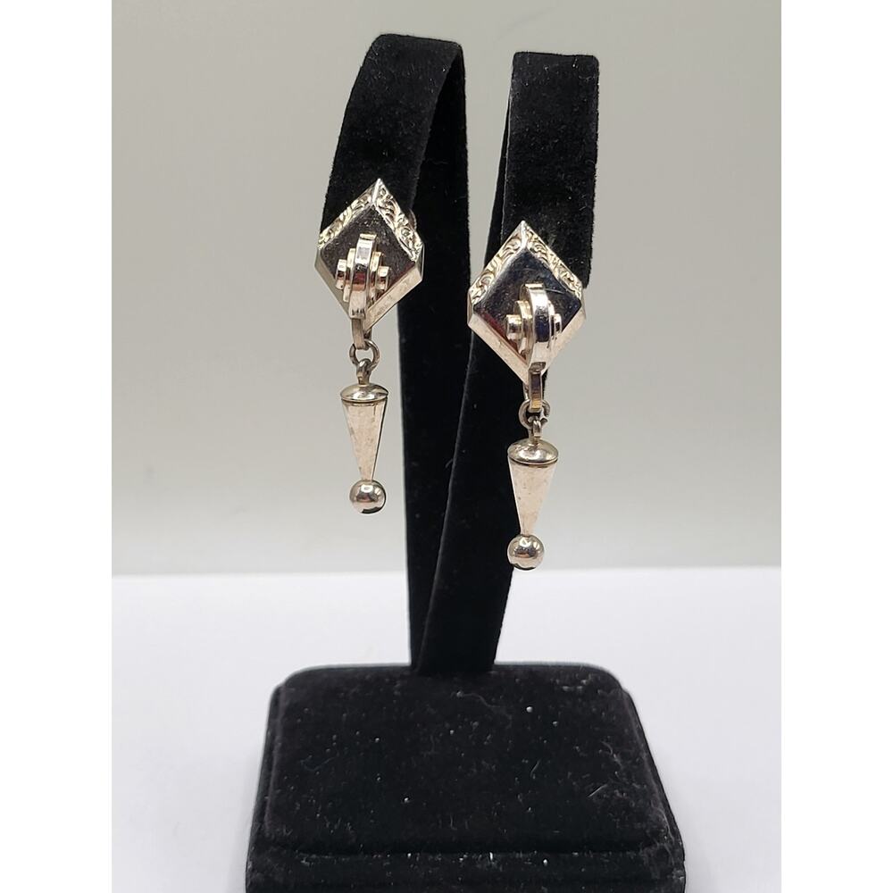 Vintage Art Deco Style Screw Back Earrings Geometric Drop Silver Tone